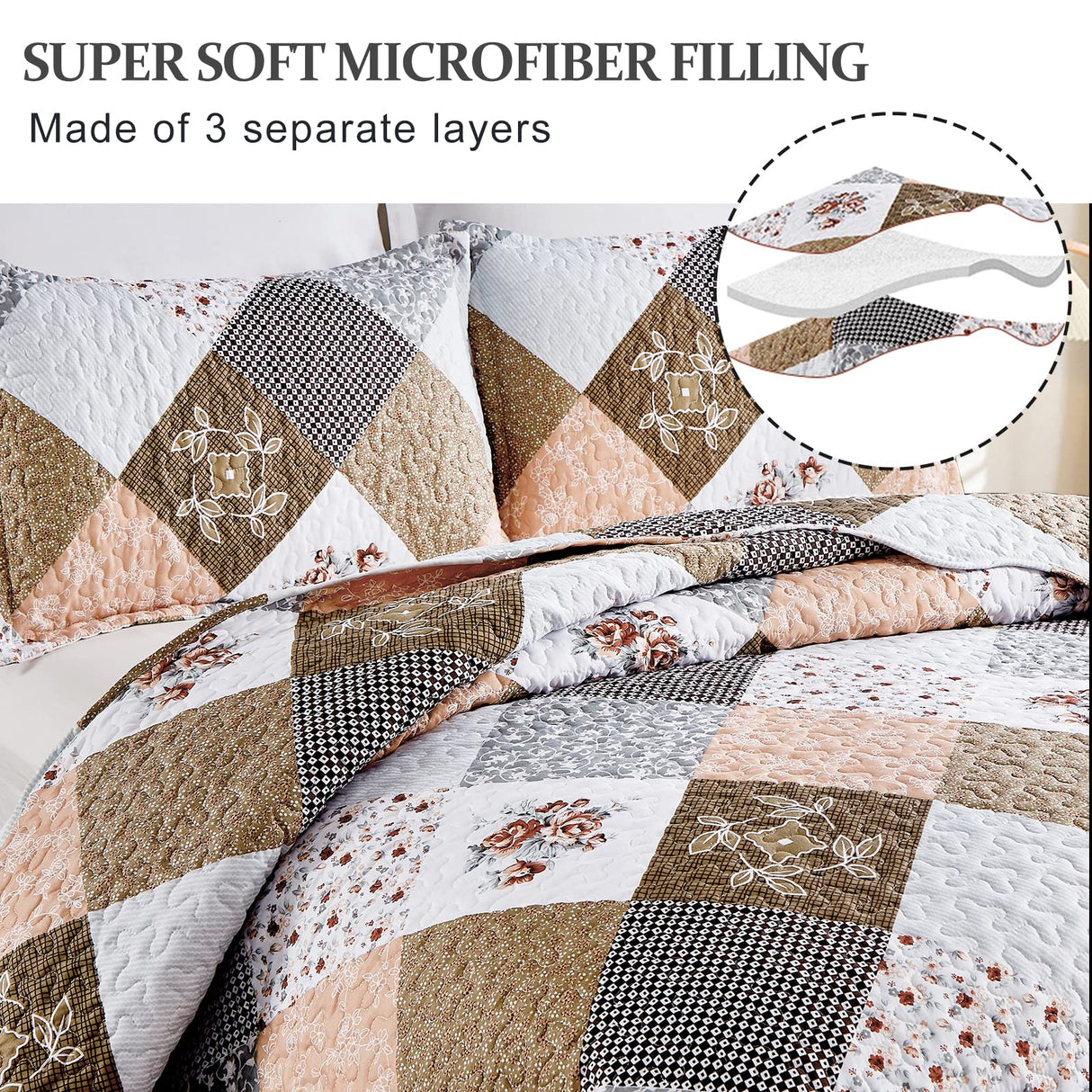 Dinjoy Floral Plaid Patchwork Quilt Set California King Size, Reversible Brown Bedding Set Soft Microfiber Lightweight Bedspread Coverlet 3 Piece Fall Autumn Use(106x96 inches, Cal King) Dinjoy