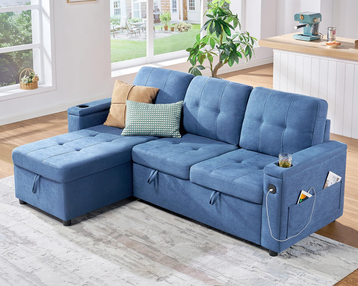 VanAcc Sofa Bed, Multi-Functional Sleeper Sofa with USB Charging Ports & Cup Holders, Pull Out Couch Bed with Storage Chaise, L-Shaped Couches for Living Room (Linen Blue) VanAcc