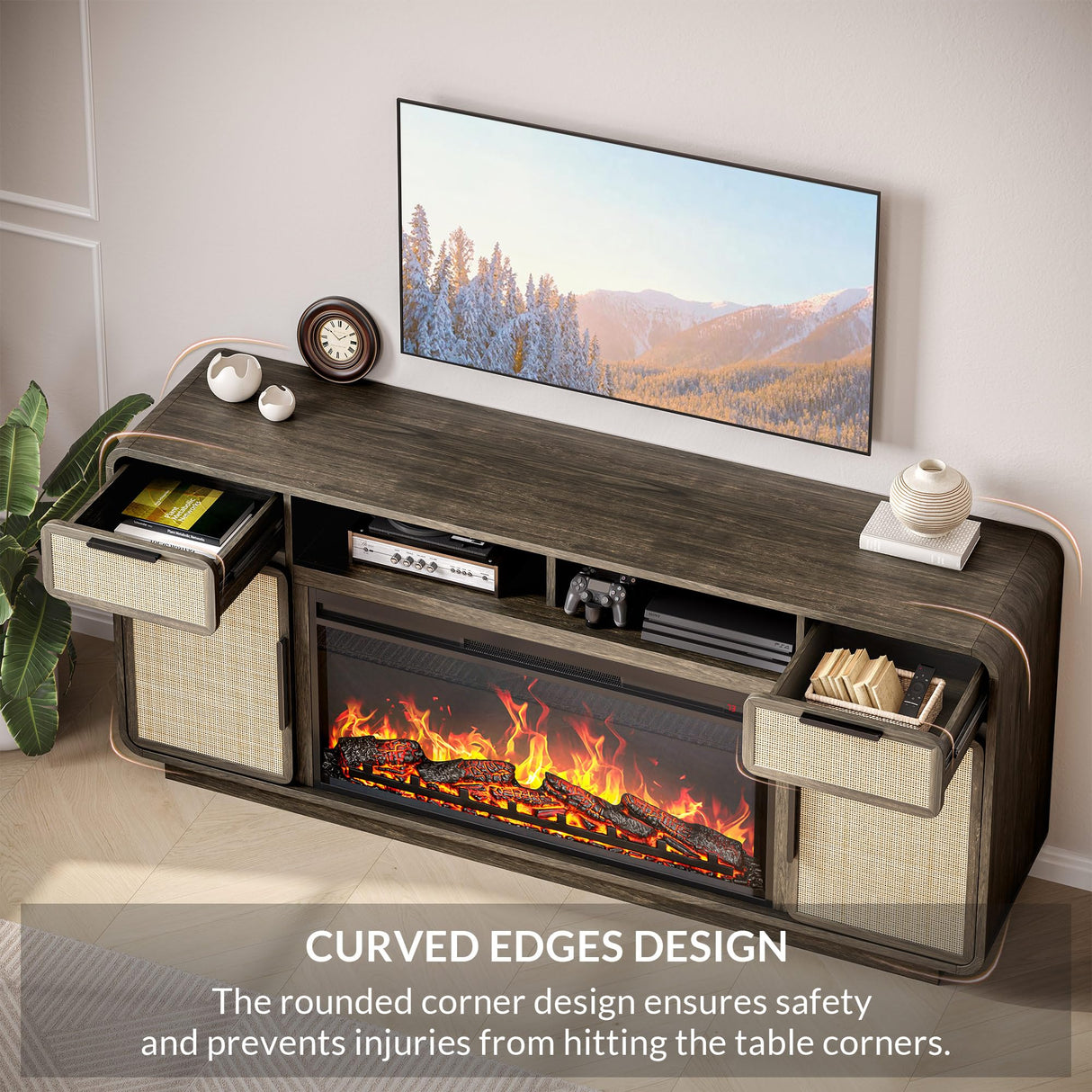 BELLEZE 68" TV Stand for TV Up to 75",Boho Entertainment Center with 36" Electric Fireplace Heater with Sound, Rattan Decorated Console Table Storage Cabinet for Living Room, Bedroom - (Brown) BELLEZE