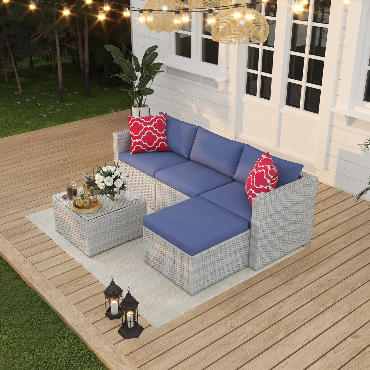 5 Piece Outdoor Patio Furniture Set, Rattan Deck Conversation Sofa Set with Non-Slip Cushions, All-Weather Sectional Sofa with Glass Storage Table and Balcony Footstool, Poolside, Garden, Porch, Gray GAOMON
