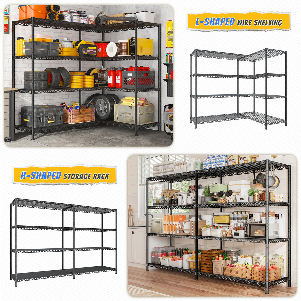 REIBII 72.8" W Storage Shelves Load 1500LBS, 4 Tier Metal Shelving Unit Wire Shelving for Storage Rack Heavy Duty Metal Shelves for Garage Pantry Kitchen, 17.7" D x 72.8" W x 59" H REIBII