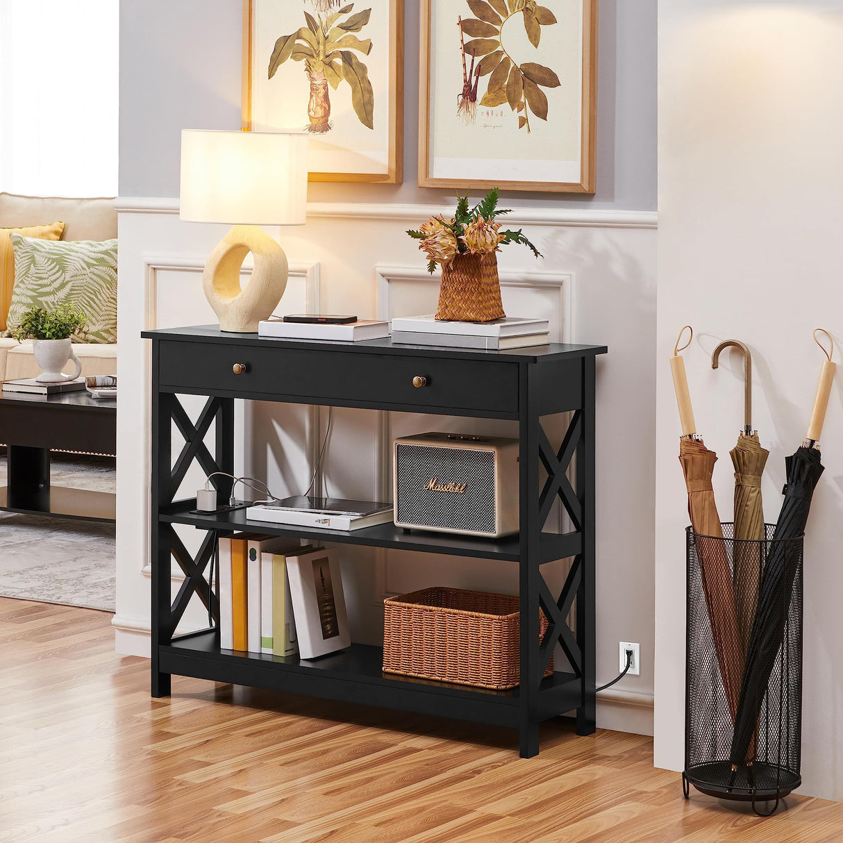 Yaheetech TV Stand with Power Outlet, Entertainment Center with Drawer, 39.5" Media Console Table for TV up to 45 inch with 2 Open Shelves for Bedroom, Living Room, Entryway, Black Yaheetech