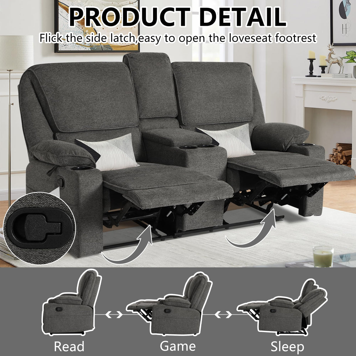 YOCONYO Loveseat Recliner, RV Reclining Loveseat, Home Theater Seating, Manual Loveseat with Console, 4 Cup Holders, 2-Seater Recliner Sofa, RV Furniture for Travel Trailers, Livingroom (Dark Grey) YOCONYO