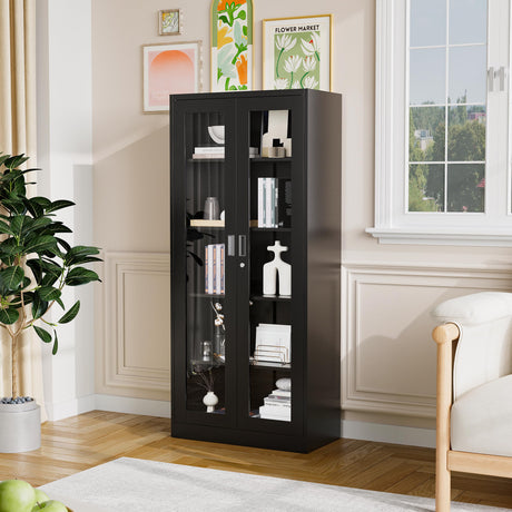 PEUKC Display Cabinet-71 Inches 4 Adjustable Shelves Curio Cabinets with Locking Glass Doors Display Case for Collectibles, Cosmetics, Hydroponics, Books (Black,Assemble Required) PEUKC