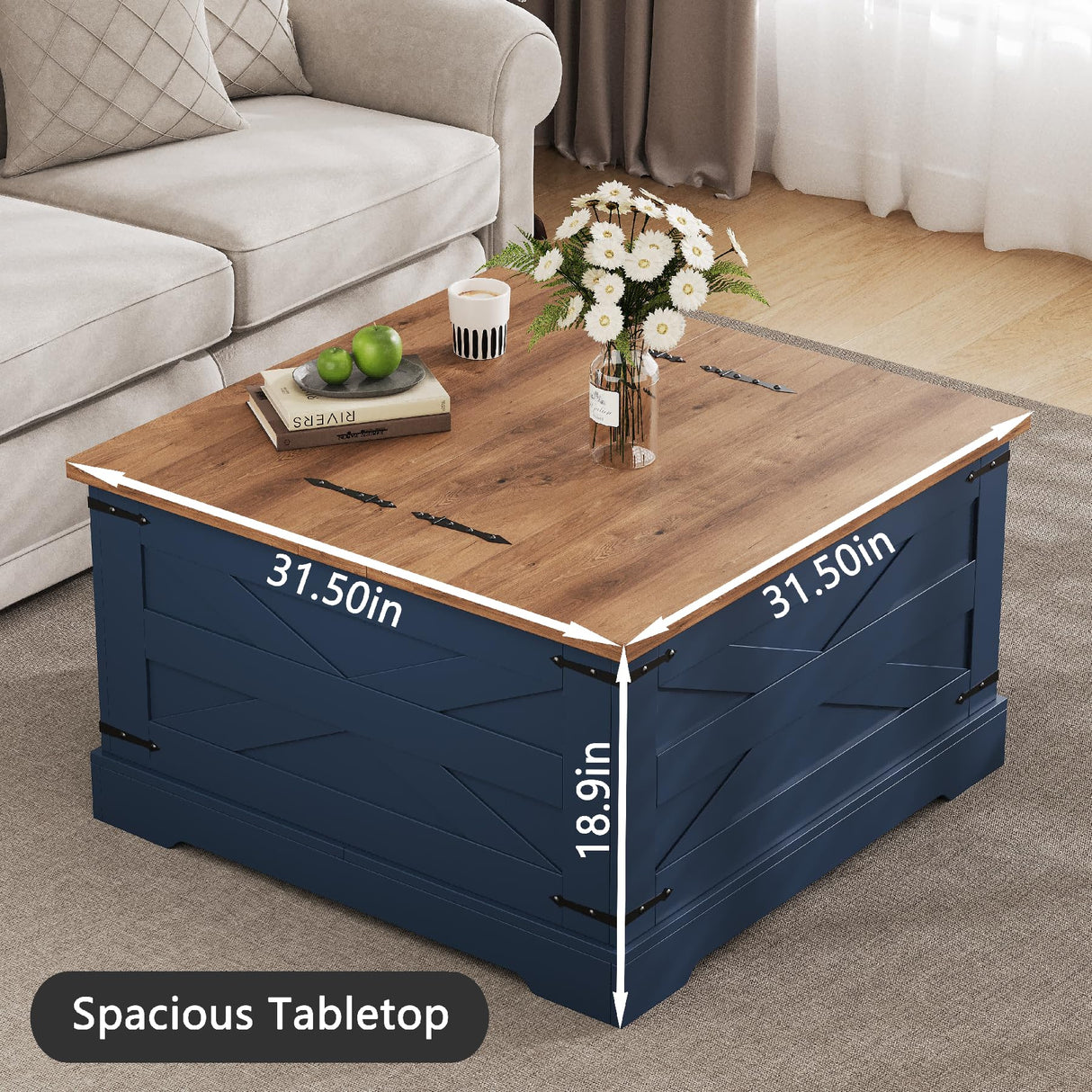BestHaped Farmhouse Coffee Table with Hidden Storage, Navy Blue Square Coffee Table for Living Room, Wood Large Center Table with Hinged Lift Top for Home, Office BestHaped