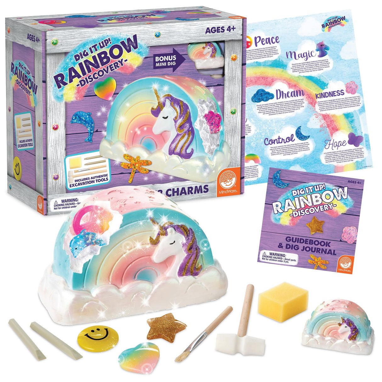 MindWare Dig It Up! Rainbow Shaped Discovery for Girls - Kit Includes 13 Charms for Find, 2 Chiseling Tools, Hammer, Excavation Brush, Sponge, Poster and Guidebook - Ages 4 and Up MindWare