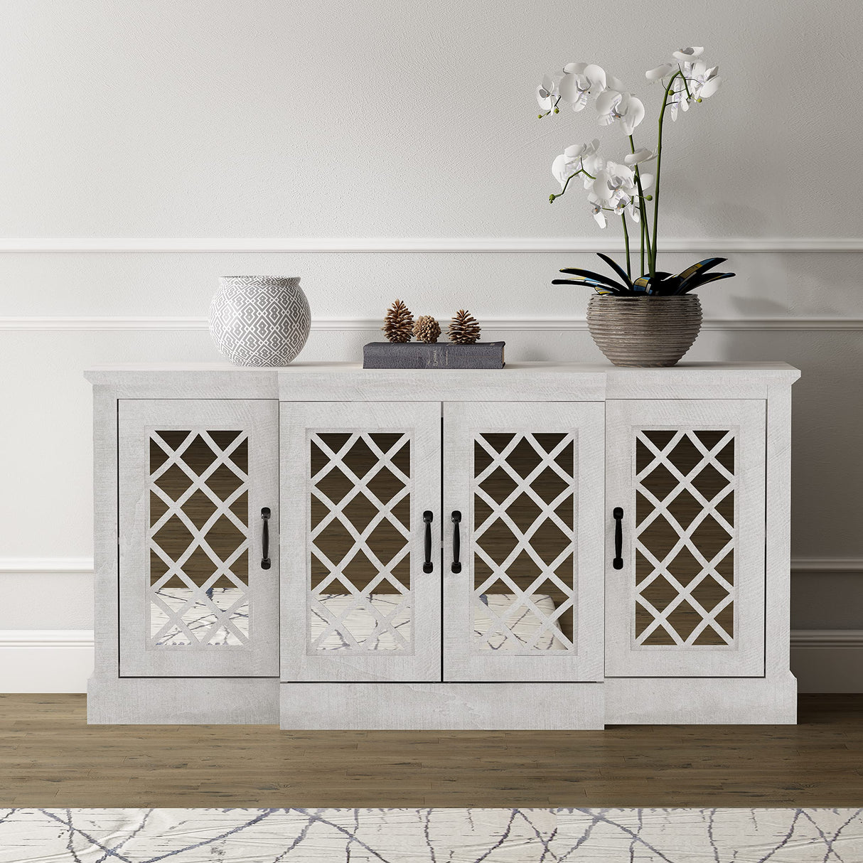 Galano Millicent Wide Sideboard Buffet Cabinet, Kitchen Storage Cabinet with Acrylic Mirror Doors, Cupboard Console Table, Rustic Farmhouse Buffet Display for Coffee Bar, Dusty Grey Oak Galano