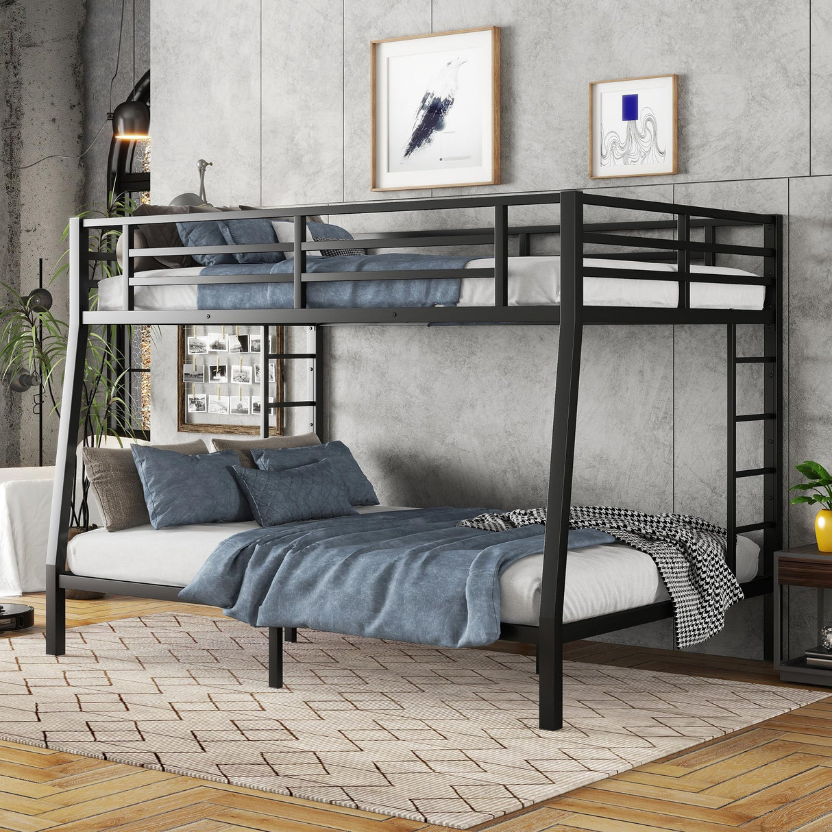 KEIKI Metal Full XL Over Queen Bunk Bed with Guard & Ladder, Heavy-Duty Bunk Bed for Teens and Adults, No Box Spring Needed - Black KEIKI