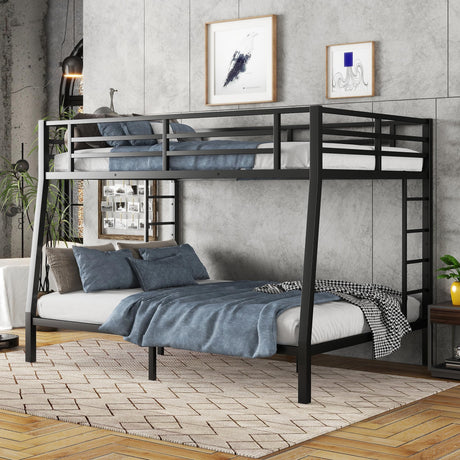 KEIKI Metal Full XL Over Queen Bunk Bed with Guard & Ladder, Heavy-Duty Bunk Bed for Teens and Adults, No Box Spring Needed - Black KEIKI