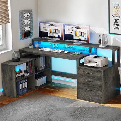 YITAHOME L Shaped Desk with 3 Drawers, 65" Corner Computer Desk with Power Outlets & LED Lights, L-Shaped Desk with File Cabinet & Printer Stand for Home Office, Grey