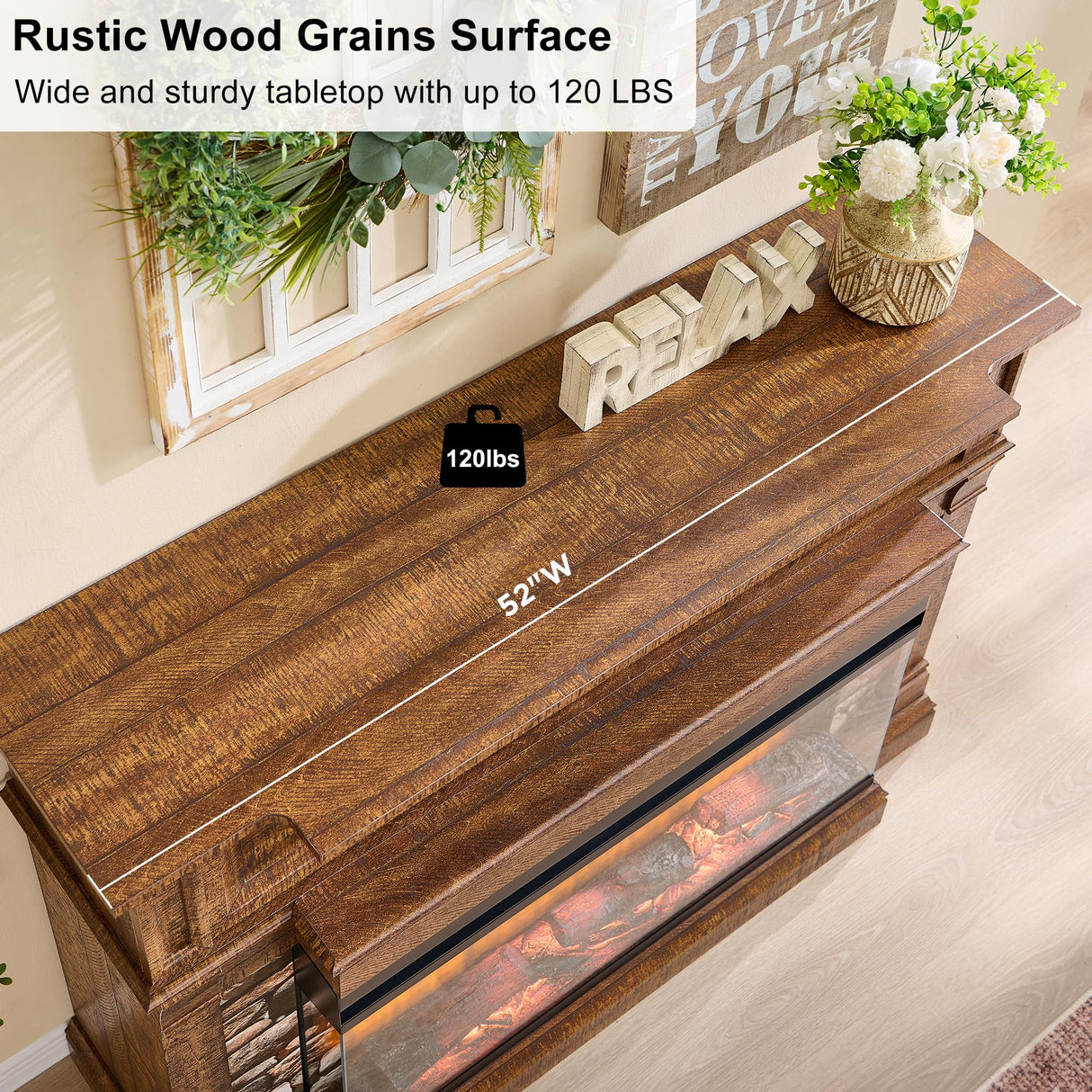 OKD 52" Electric Fireplace with Mantel, Freestanding Fireplace Heater TV Stand with 36" 3-Side Glass Insert for TVs Up to 65" with Storage Cabinet for Living Room, Reclaimed Barnwood OKD