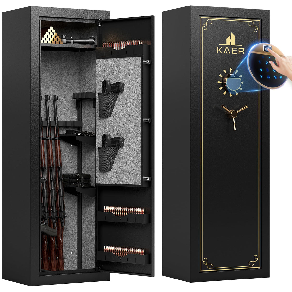 KAER 20 Biometric Gun Safe for Rifles and Pistols, Large Gun Cabinet for Home Rifle, Quick Access Gun Safe with Fingerprint, Rifle Safe with Removable Shelf and Pistol Pocket [No Assembly Required] KAER