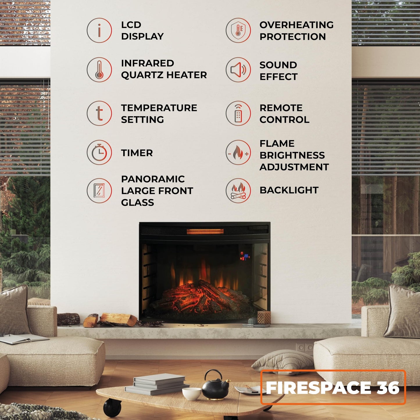 FIREBLAZE Firespace 36” Curved Glass Electric Fireplace Insert, 36 inch Wide Recessed, Infrared Quartz Heater with Crackling Sound, Remote Control, Timer and overheating Protection