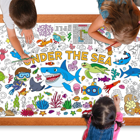 Under The Sea Large Coloring Poster for Kids 30 x 72 Inch, Ocean Animals Giant Coloring Paper Tablecloth, Sea Themed Color-in Activities Games for Kids School Classroom Home Party Supplies Decorations Zachely