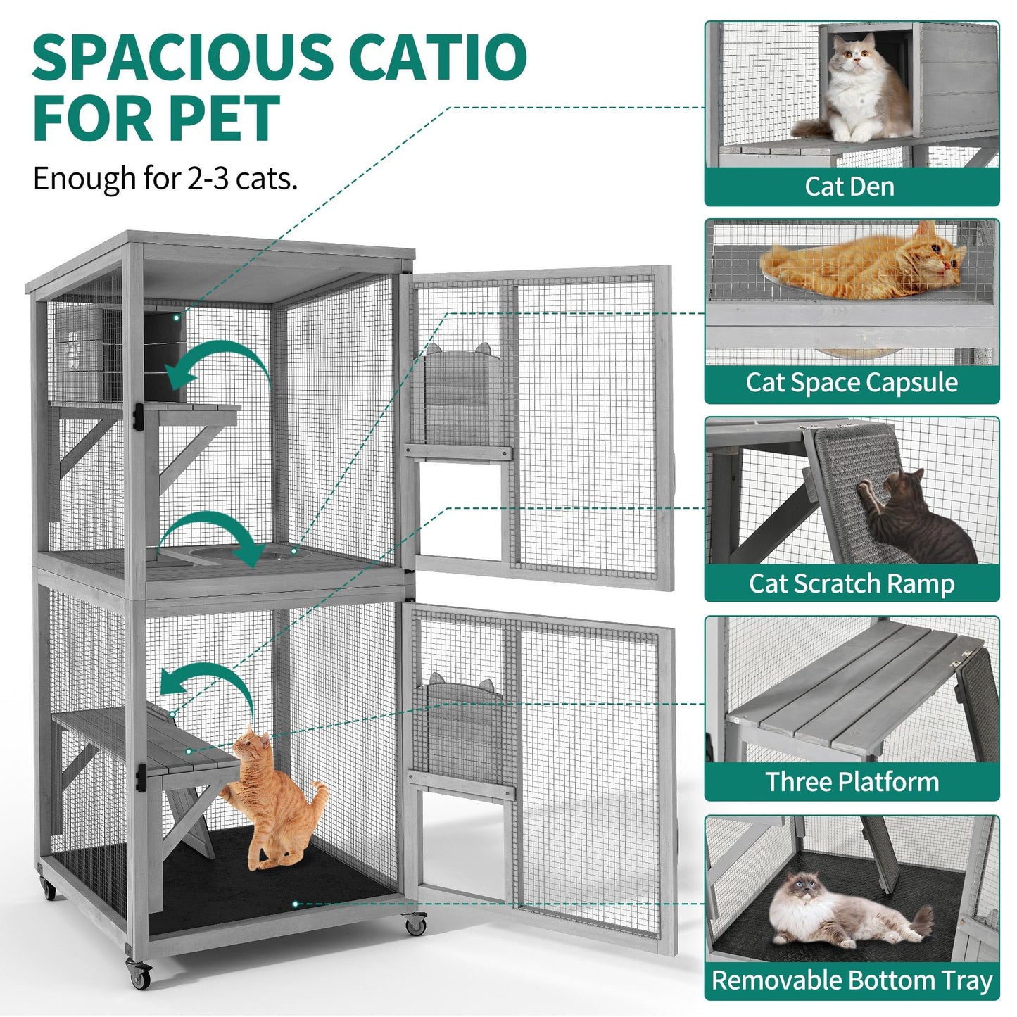 YITAHOME Cat House 70.9" Catio Outdoor Cat Enclosure on Wheels Wooden Cat Cage with Cat Space Capsule Bed and Cat Scratcher Ramp, Cat Patio Waterproof Roof(Grey)