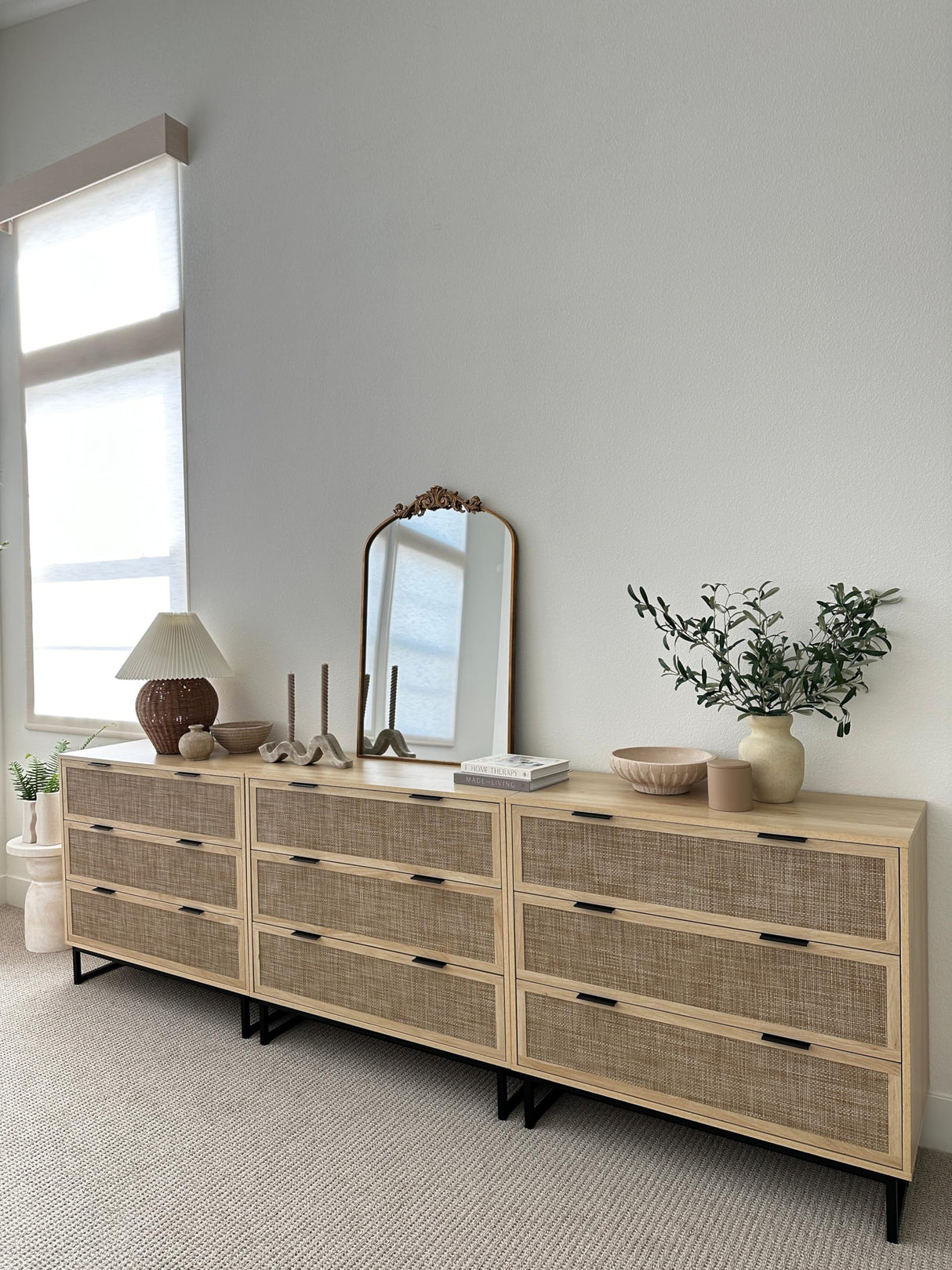 Nathan James Accent Storage Boho Modern Free Standing Buffet Sideboard Cabinet for Hallway, Entryway, Dining Living Room, 1 Dresser with 3 Drawers, Kova Dresser - Light Oak/Black Nathan James