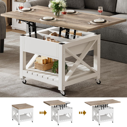 YITAHOME Lift Top Coffee Table with Wheels, Farmhouse Coffee Table Square Center Table with Storage Compartment, Rolling Coffee Table for Living Room, 2 Tier Small Coffee Table Dining Table, Grey Wash