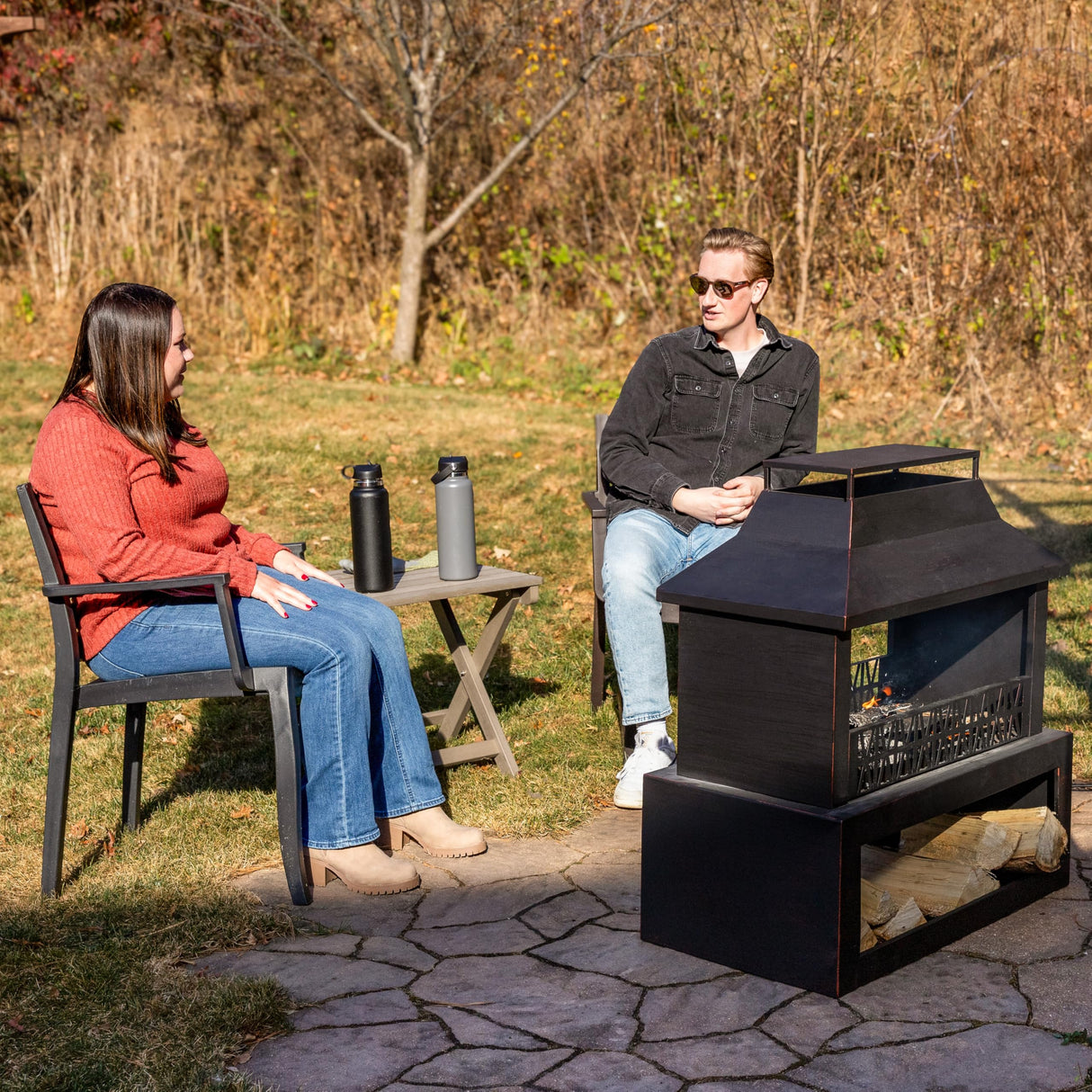 Sunnydaze Backyard Blaze 35-Inch H Heavy-Duty Steel Outdoor Fireplace with Built-in Log Storage - Includes Protective Cover - Brushed Bronze Sunnydaze