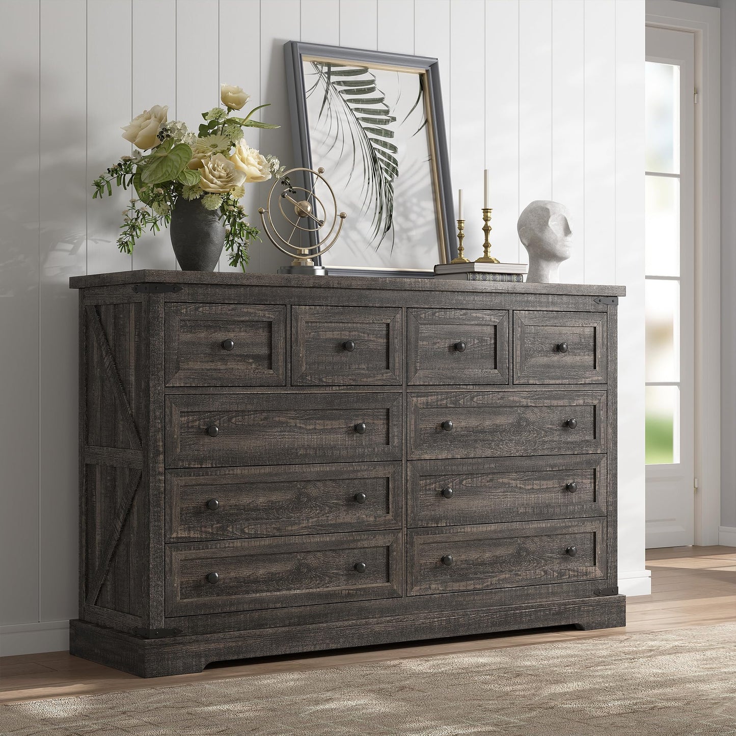 EnHomee 10 Drawer Dressser for Bedroom, 55" W Wood Dressers & Chests of Drawers with Smooth Metal Rail, Large & Wide Dressers for Bedroom,Hallway,Dark Rustic Oak,15" D x 55" W x 35.6" H - WoodArtSupply