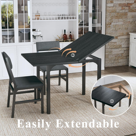 HUAHUU Dining Table Set for 4, Extendable Kitchen Table Cushion Chairs Set of 4, Rectangle Dining Table with Metal Frame & MDF Board, Folding for Small Apartment Saving Space, Black HUAHUU