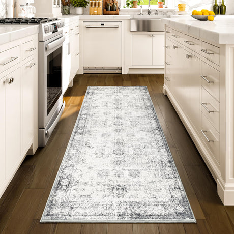 Istana Hallway Runner Rug 2x6 - White Cream/Grey Kitchen Rugs Non Slip Washable -Silk's Soft Touch Carpet Runner - Stylish Rug Runner for Home Istana