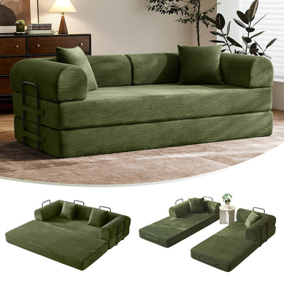 79" Convertible Sofa Bed with Fixed-Shape Frame & Removable Armrests, Modular Corduroy Sleeper Sofa, Folding Mattress Couch for Small Spaces - No Assembly Needed in Green (Includes 2 Pillows)