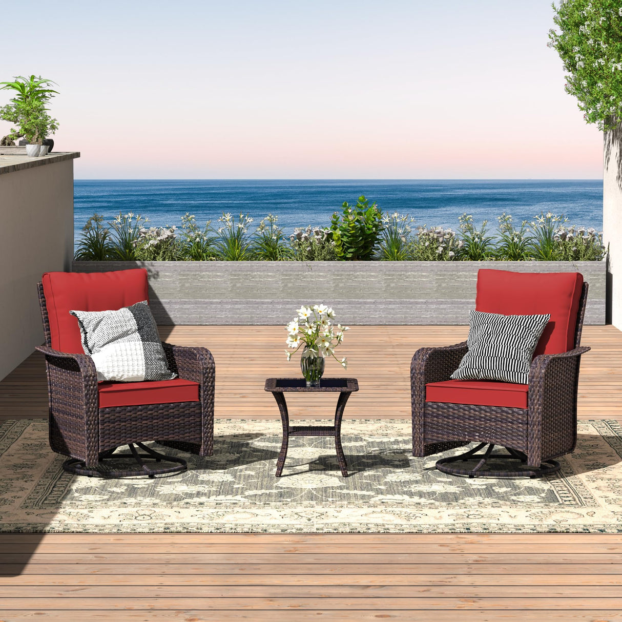 ALAULM 10 Pieces Patio Furniture Set with 2 Swivel Chairs Wicker Patio Conversation Set, Outdoor Sectional Furniture w/Coffee Table & Washable Seat Cushions-Red ALAULM