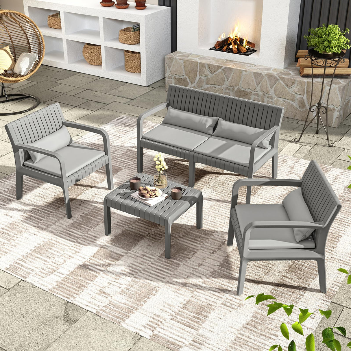 UDPATIO Resin Patio Furniture Set, No Rust Modular Outdoor Sectional Sofa Set, All Weather Patio Conversation Set, for Backyard, Deck, Poolside with Coffee Table, 4pc Grey UDPATIO