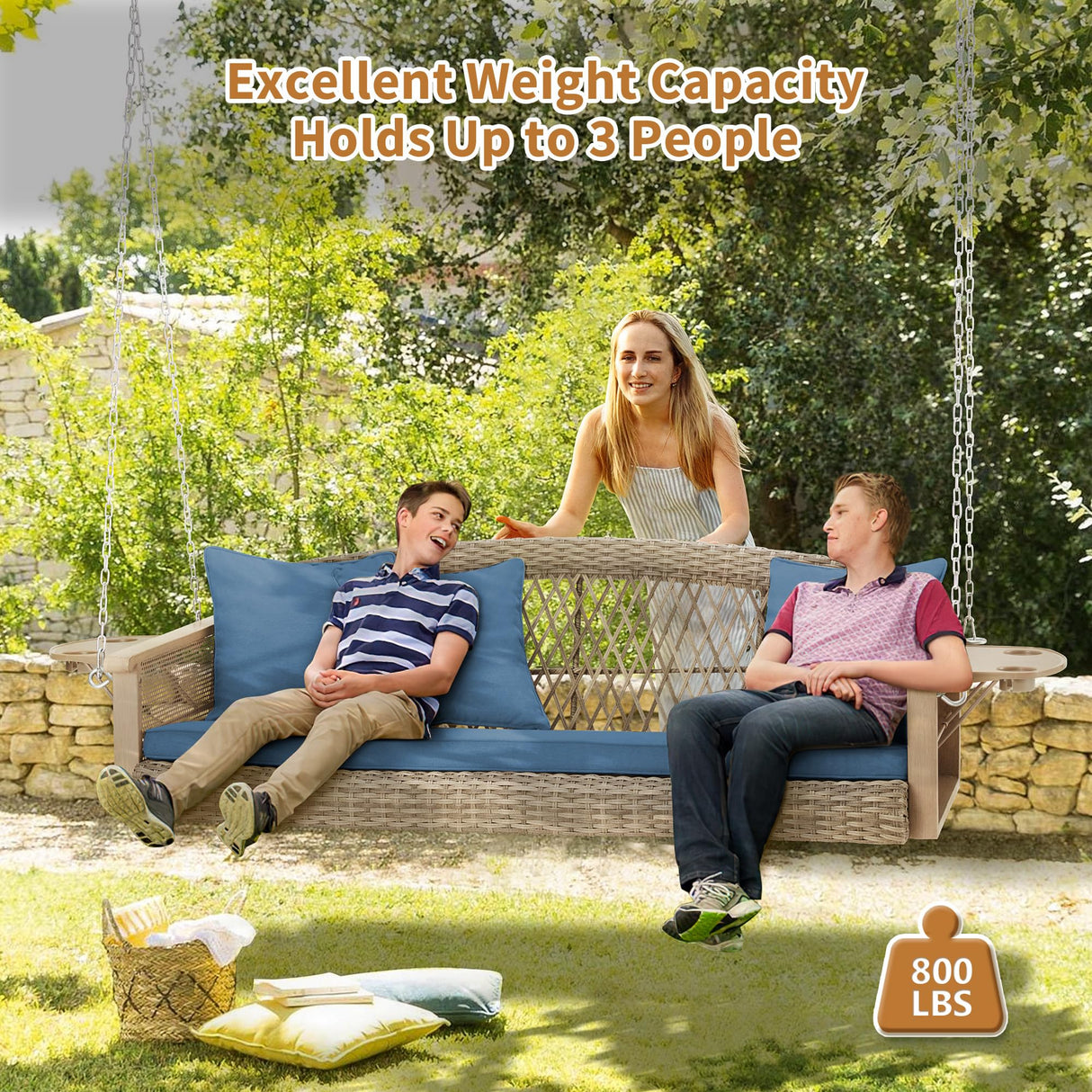 HOMREST 3-Person Porch Swing 55in Wicker Hanging Swing Bench with Cushions Cupholders Swing Chair with Chains 800lbs Capacity for Deck Garden Backyard HOMREST