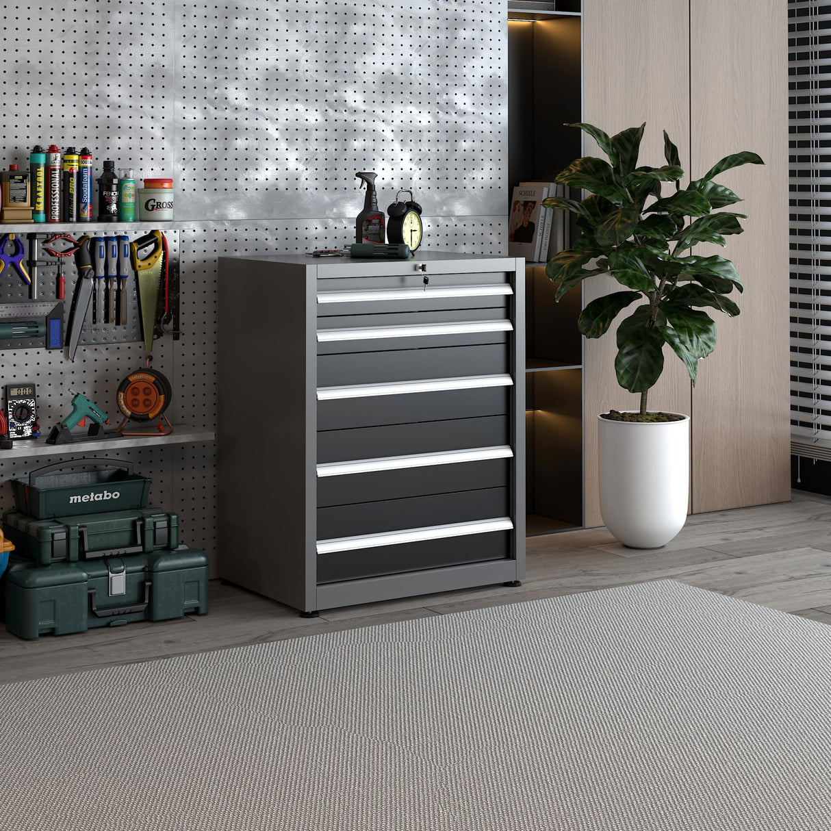 JZD Metal Tool Storage Cabinet with Lockable 5 Drawers. for Garage Workshops, No Assembly Required, Black & Grey JZD