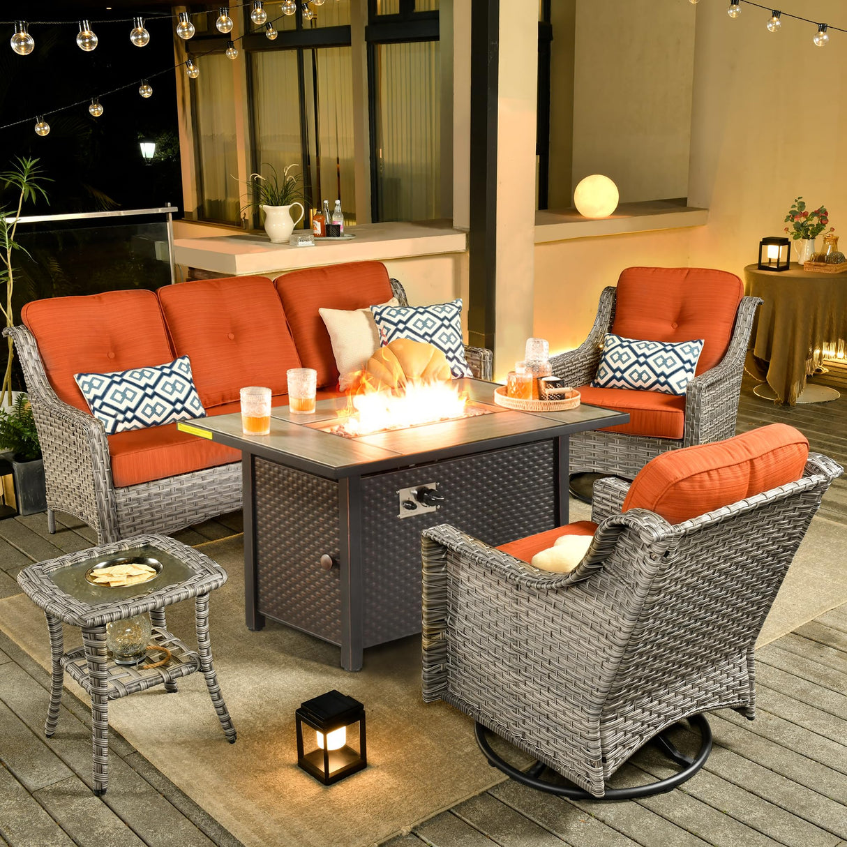 ovios Outdoor 5 Piece Patio Furniture with Fire Pit Table,Wicker Coversation Set with Swivel Rocking Chair,Comfy Sectional Deep Sofa for Outside Porch Balcony Backyard Pool,Orange ovios