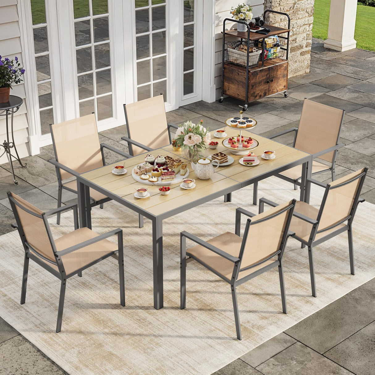 Ahomly Patio Table and Chairs Set for 6, Outdoor Dining Set Includes 59.5" Rectangle Patio Table with Side Umbrella Hole and 6 Textilene Fabric Patio Chairs for Backyard, Courtyard, Poolside, Brown Ahomly