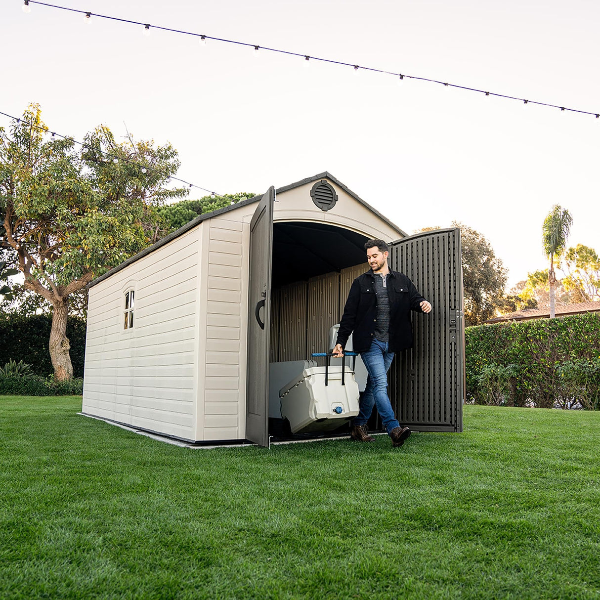 Lifetime Outdoor Storage Shed, 8x15 Ft, Desert Sand, Resin Backyard Tool Shed with Lockable Doors and Weather-Resistant Panels Lifetime