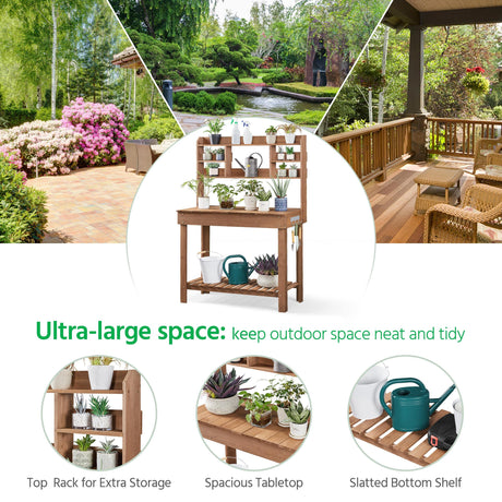 Yaheetech Potting Bench Table Horticulture Germination Table & Outdoor Garden Work Bench Platform w/Display Rack/Storage Shelf/Hanger/Thoughtful Sink Brown Yaheetech