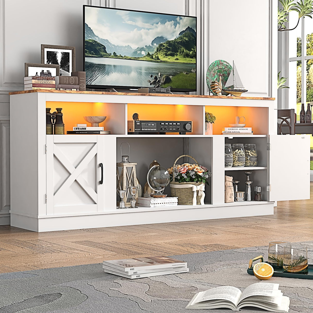 jiteentarou Farmhouse TV Stand for 70/75/80 Inch TV, 32”Tall Entertainment Center w/LED Light, Large Media Console Cabinet w/Barn Doors & Adjustable Shelves for Living Room, White jiteentarou