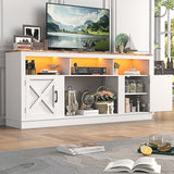 jiteentarou Farmhouse TV Stand for 70/75/80 Inch TV, 32”Tall Entertainment Center w/LED Light, Large Media Console Cabinet w/Barn Doors & Adjustable Shelves for Living Room, White jiteentarou