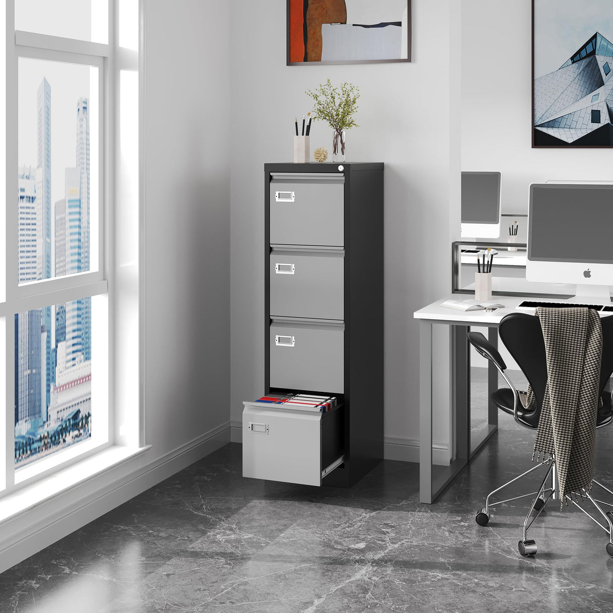 Fesbos File Cabinets - 4 Drawers Vertical 17.8" Deep Lockable Filing Cabinet - Black & Gray Metal Storage Cabinets for Home Office to Hanging Files Letter/Legal/F4/A4 Size Fesbos