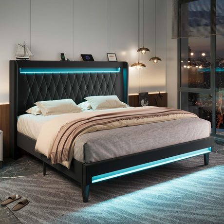 Allewie Upholstered King Size Platform Bed Frame with LED Light and Charging Station, Button Tufted High Headboard, Wingback Design, Noise Free, Easy Assembly, No Box Spring Needed, Black Allewie