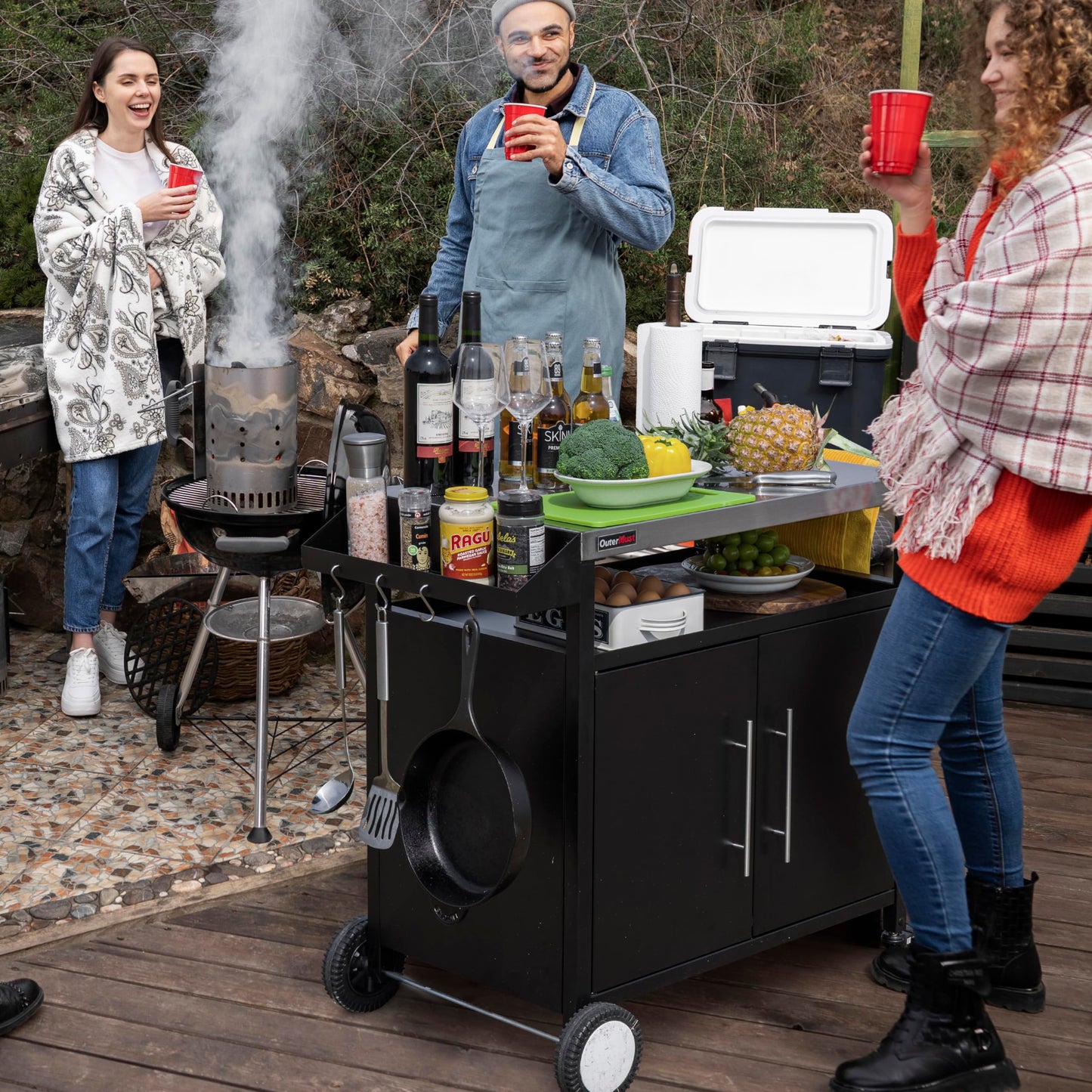 OuterMust Grill Table Outdoor Kitchen Cabinet, Moveable Outdoor Prep Table & Bar for Storage, Grilling and Pizza Oven, Multifunctional Silver & Black