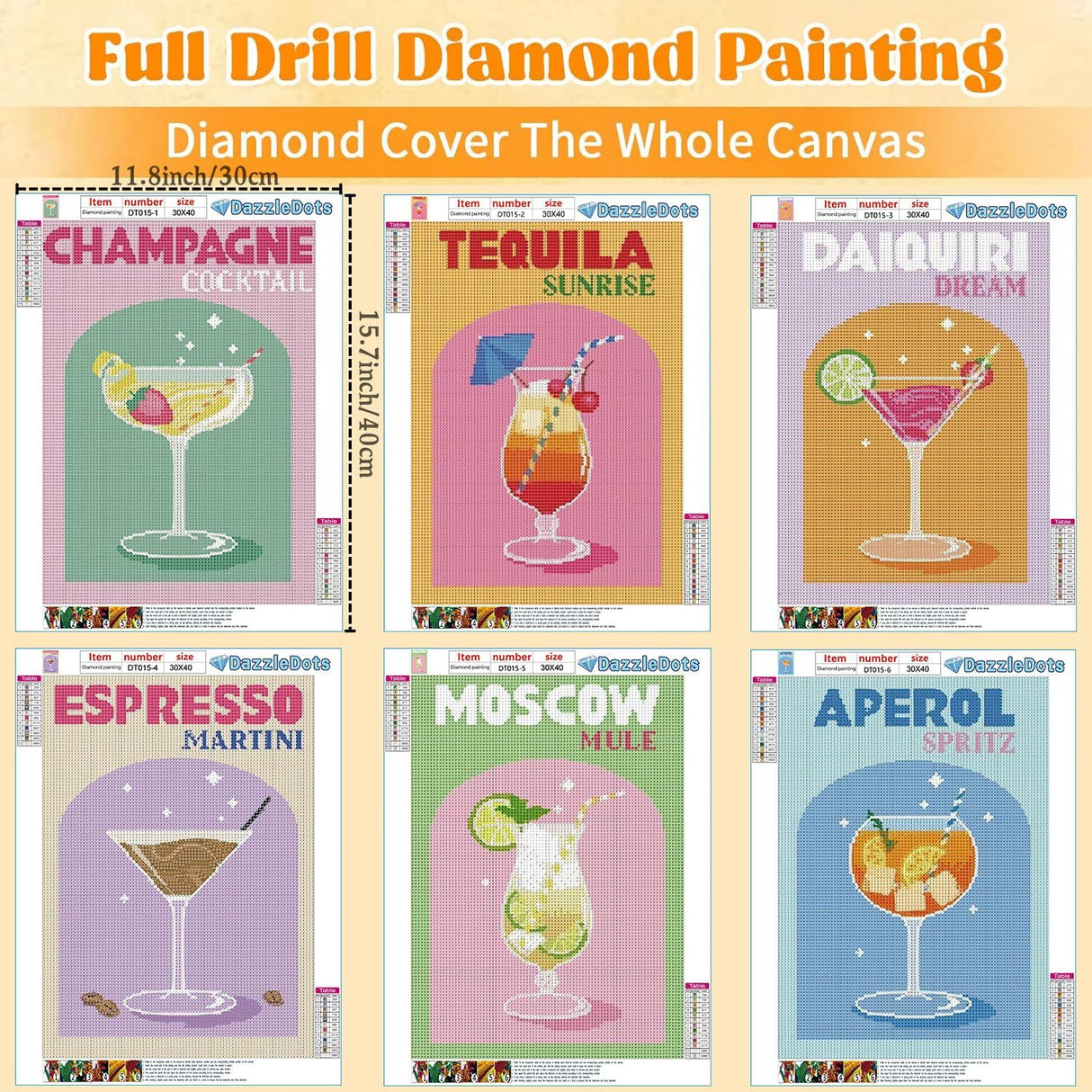 DAZZLEDOTS 6 Pack Diamond Art Kits for Adults, Cocktail Diamond Painting 5D Diamond Art Kits for Beginners Retro Cocktail DIY Full Drill Paint by Diamonds Dot Gem Art for Home Wall Decor 12x16Inch DAZZLEDOTS