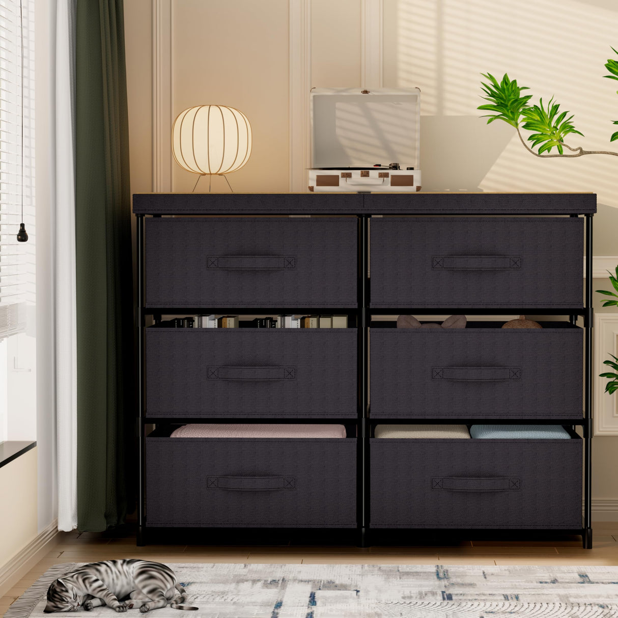 GcdPai Dresser with 6 Fabric Drawer Stand Desktop Sturdy Metal Plastic Support Tube Cube Storage Cabinet for Bedroom Organization Dorm Front Hall Entryway GcdPai