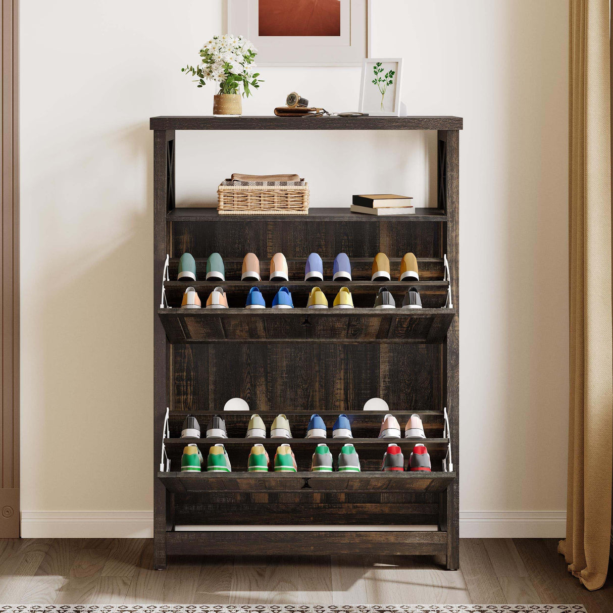 YITAHOME Shoe Cabinet with 2 Flip Drawers, Entryway Shoe Storage Cabinet with Open Shelves, Free Standing Hidden Shoe Rack Storage Organizer for Entryway/Hallway/Closet, Dark Rustic Oak YITAHOME