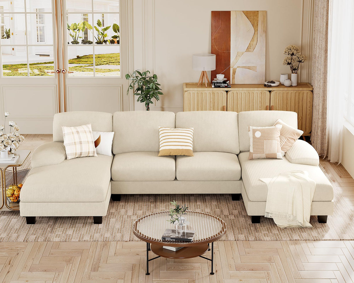 JUMMICO Sectional Couches for Living Room, U Shaped Couch with Chenille Fabric, 4 Seat Modern Sofa with Removable Pillows for Apartment and Small Space (Corduroy, Beige) JUMMICO