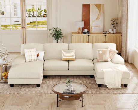 JUMMICO Sectional Couches for Living Room, U Shaped Couch with Chenille Fabric, 4 Seat Modern Sofa with Removable Pillows for Apartment and Small Space (Corduroy, Beige) JUMMICO