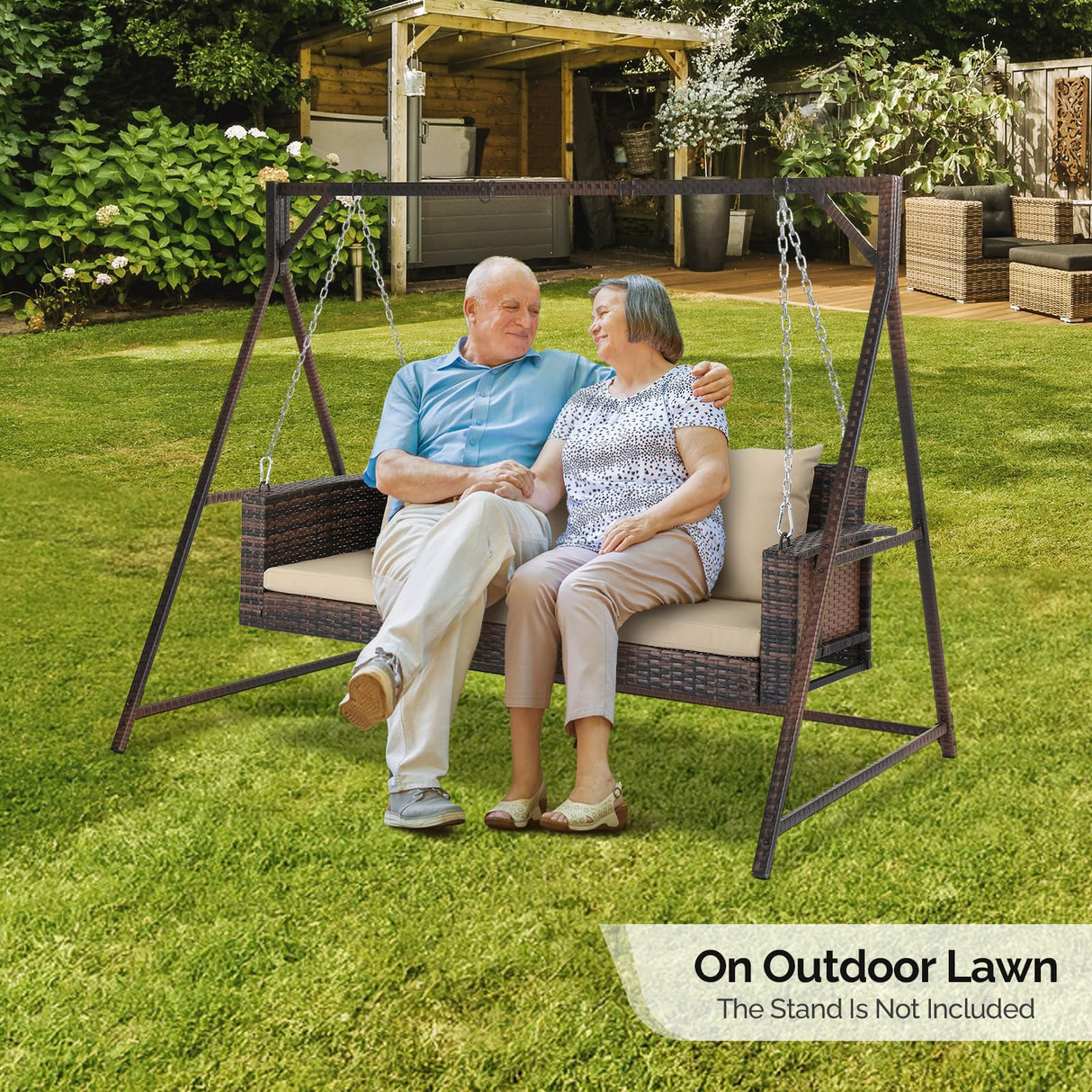 VINGLI Heavy Duty 800 LBS Wicker Hanging Porch Swing with Cushions & Chains, 5FT Outdoor Rattan Swing Bench for Garden, Yard, Lawn (Brown) VINGLI