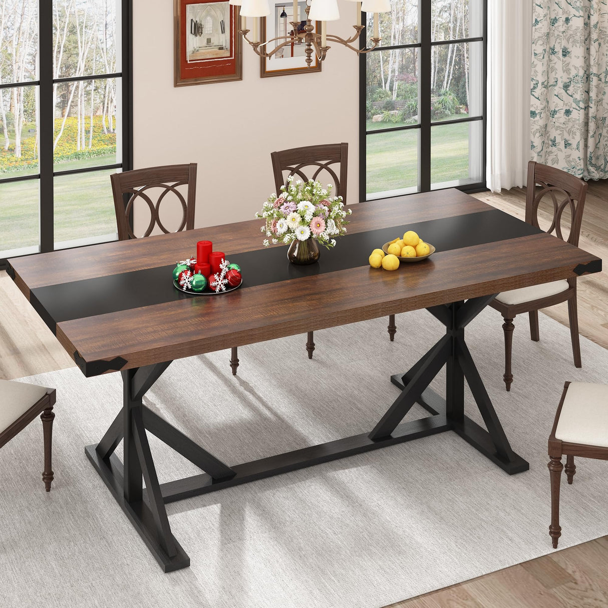 Hlivelood 71 Inch Dining Table for 6 People, Rectangular Kitchen Farmhouse Table W/Thickness Waterproof Wood Tabletop,Long Dining Room Tables W/Wood Strip Base for Kitchen Living Room(Brown&Black) Hlivelood