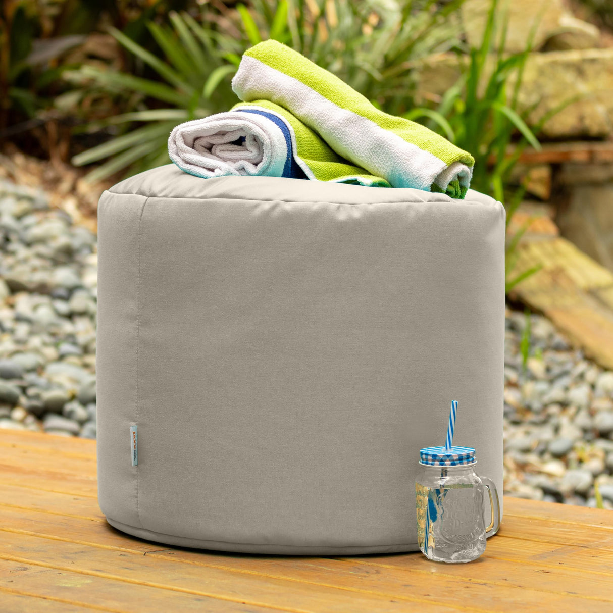 Jaxx Spring Indoor/Outdoor Bean Bag Pouf Ottoman, Sunbrella Flax Jaxx