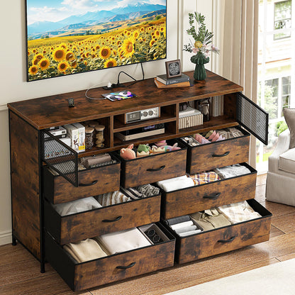 EnHomee Dresser TV Stand with Power Outlet TV Stand for Bedroom TV Stands for Living Room Dresser for Bedroom with 7 Drawers TV Console Table with Storage Entertainment Center,Metal Door,Rustic Brown