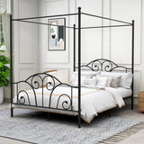 AUFANK Queen Size Four-Poster Metal Canopy Bed Frame with Headboard and Footboard Sturdy Slatted Structure No Box Spring Needed Black AUFANK