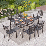PHI VILLA 7-Piece Metal Patio Outdoor Table and Chairs Outdoor Dining Set - 60" Patio Table with Umbrella Hole and 6 Backyard Garden Chairs, Black PHI VILLA